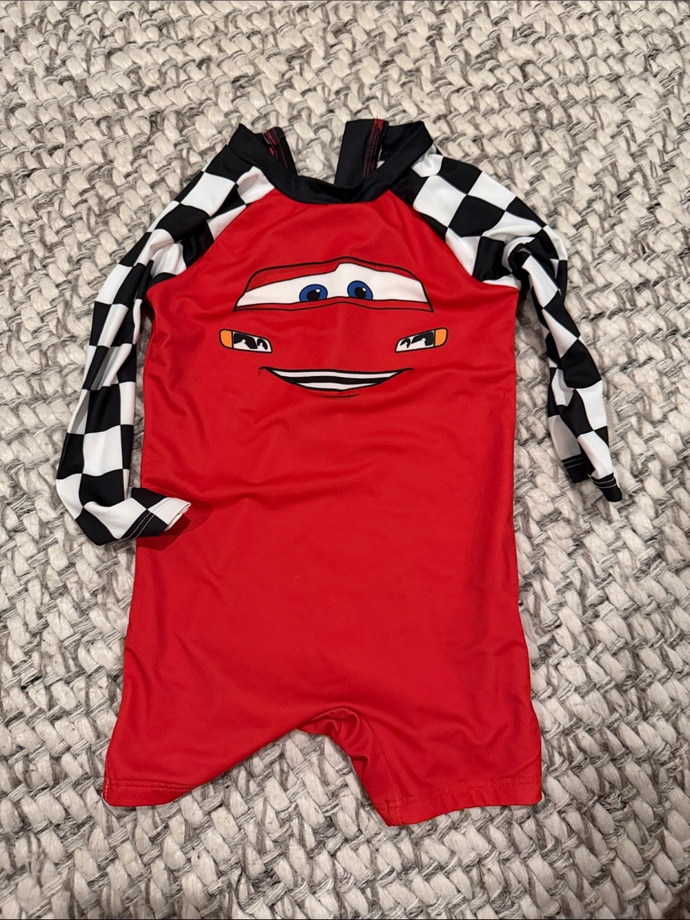 PatPat Red Racing Car One-Piece Swimsuit with Black & White Checkered Sleeves